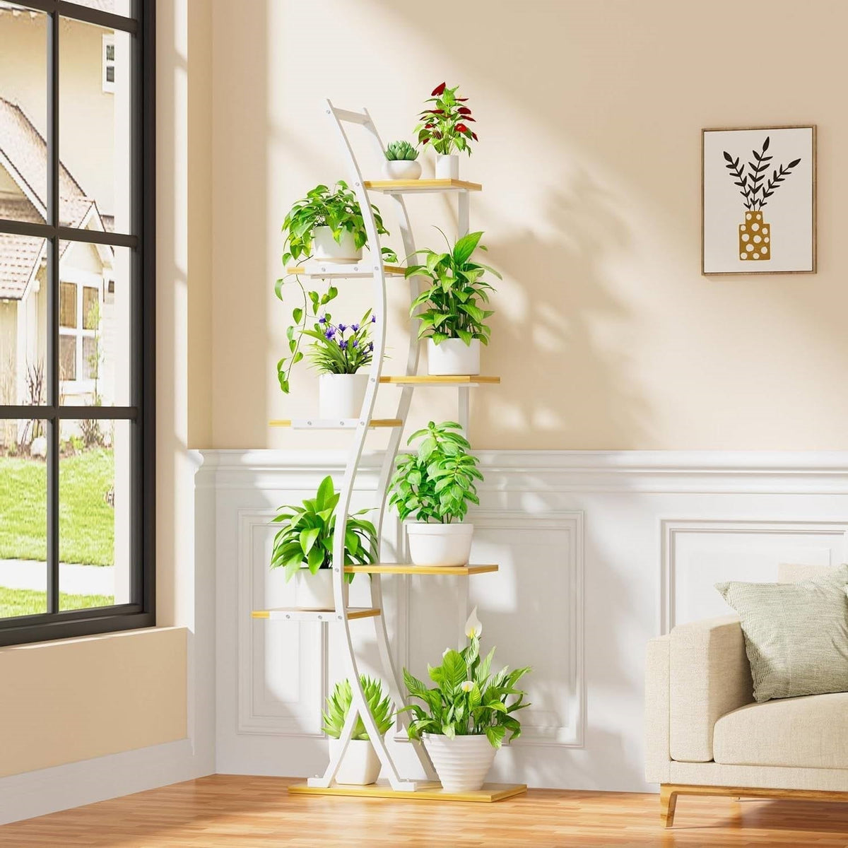 Indoor plant shelf with grow lights for growing vegetables and herbs through winter
