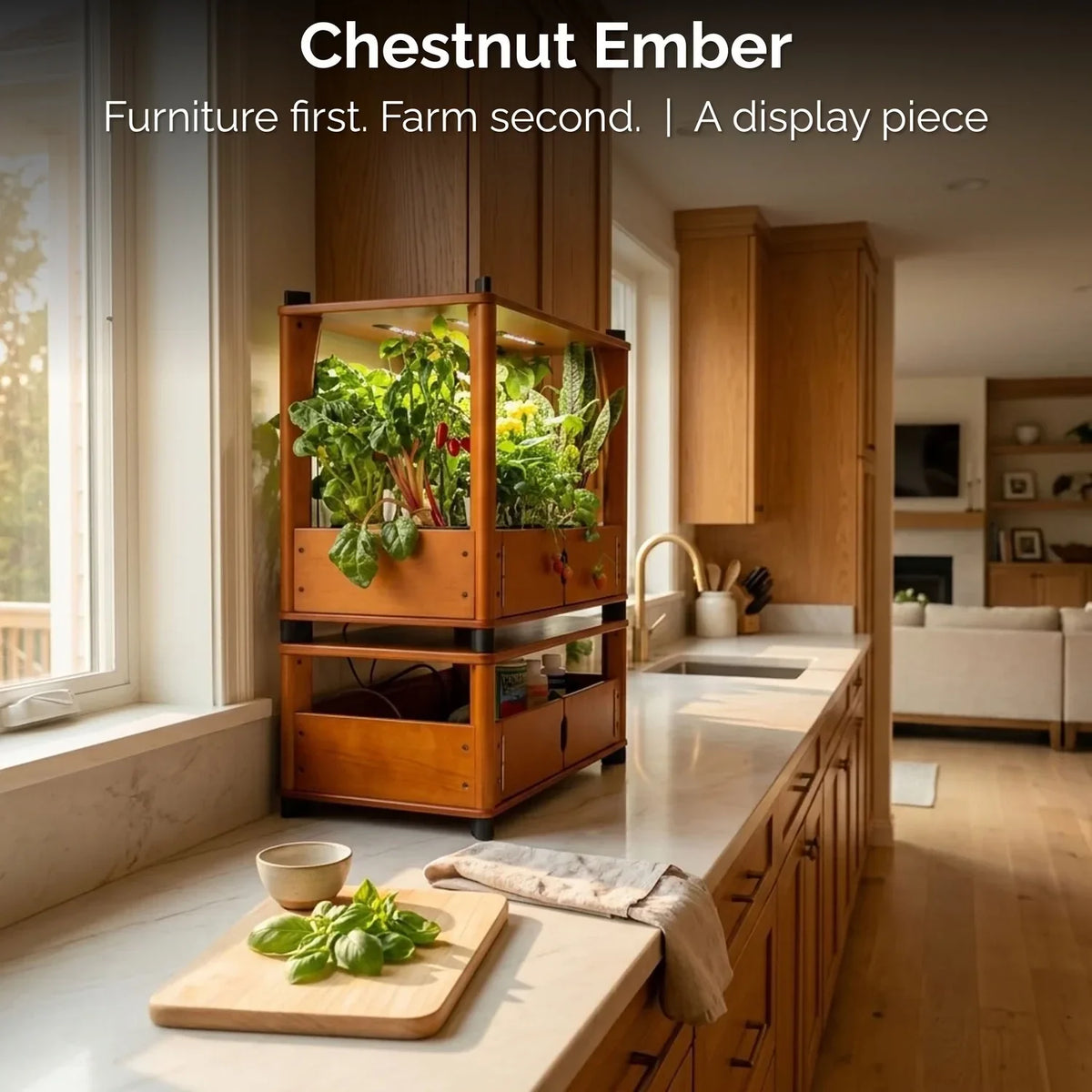 Wooden indoor hydroponic growing unit in a kitchen setting
