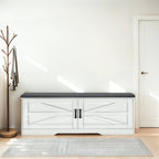 2 Tier Shoe Bench With Padded Seat, 2 Barn Doors And Adjustable Shelves, For Entryway And Living Room - White