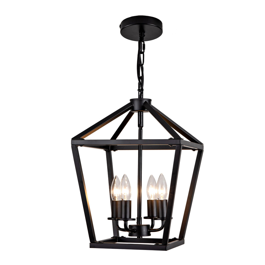 Farmhouse Lantern Chandelier 4-Light with Wrought Iron Accents - Matte Black