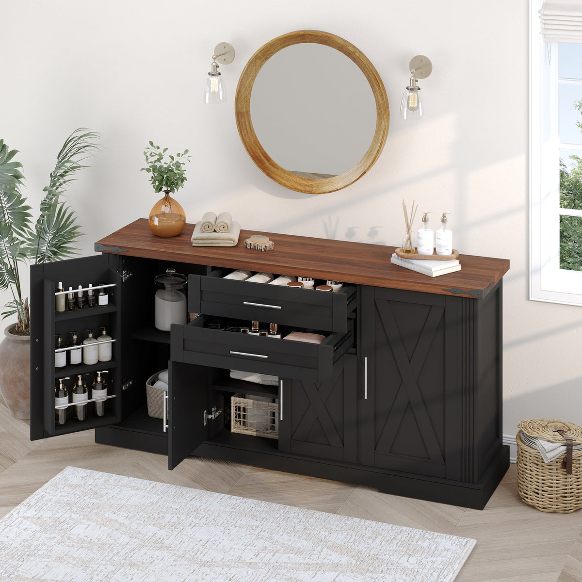 63" Farmhouse Barn Door Storage Cabinet with Drawers - Rustic MDF Sideboard