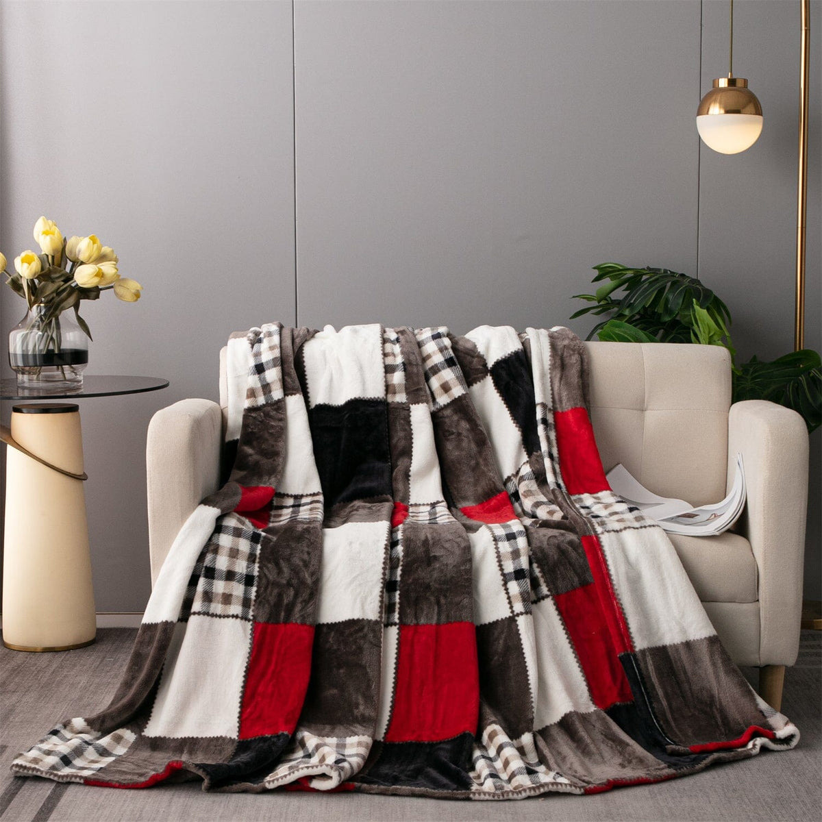 Tache Brown Red Sunset Maple Farmhouse Plaid Patchwork Throw Blanket (4025) — product image