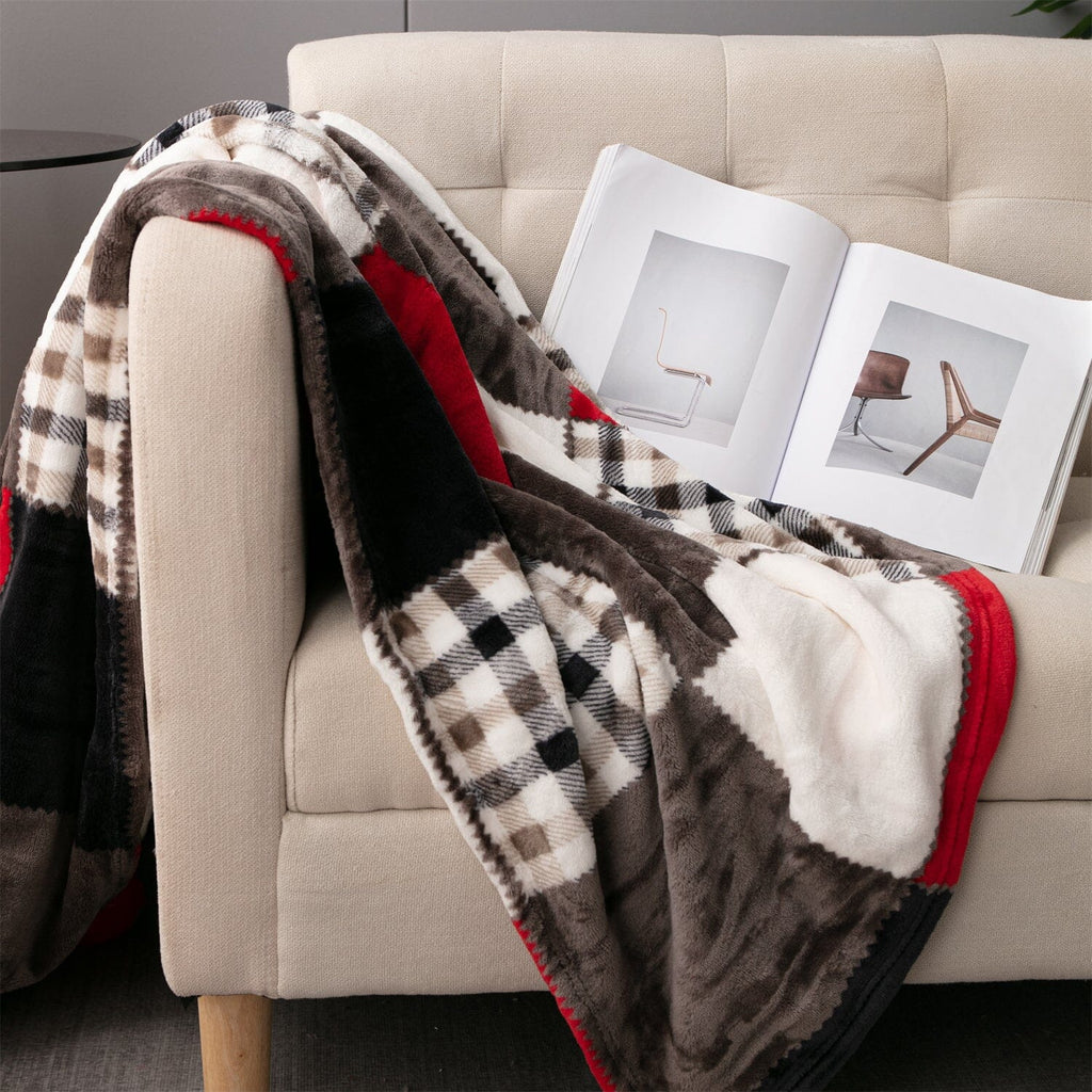 Tache Brown Red Sunset Maple Farmhouse Plaid Patchwork Throw Blanket (4025)