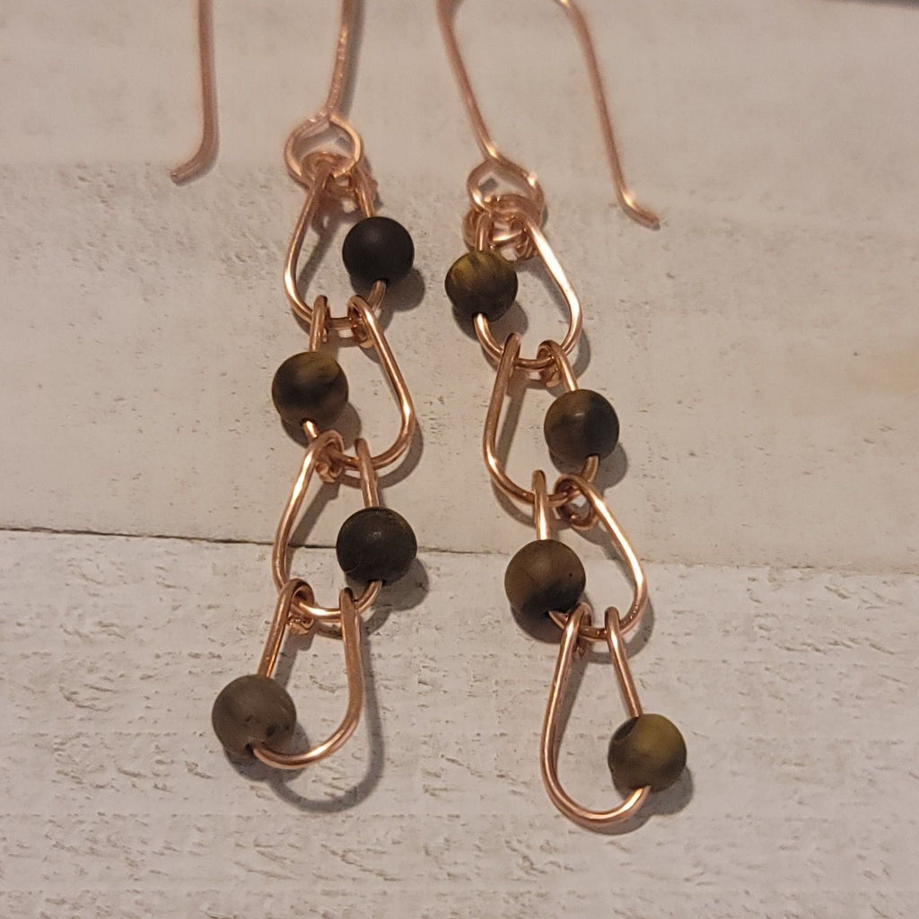 Tiger’s Eye Copper Chain Earrings – Handmade Gemstone Dangle 2.75"