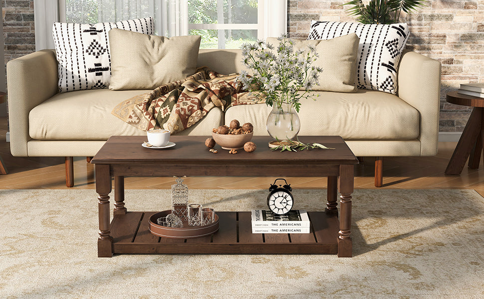 Farmhouse Wooden Coffee Table with Two-Tier Storage - Natural Wood Finish