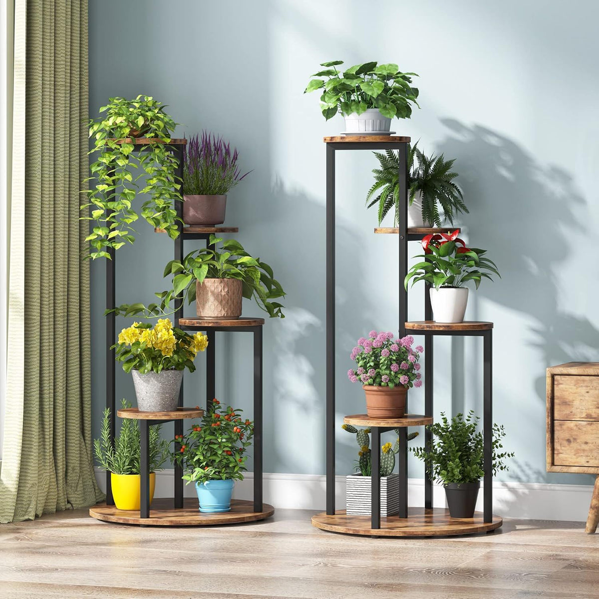 4 Tier Corner Plant Stand with Metal Frame - Rustic Brown