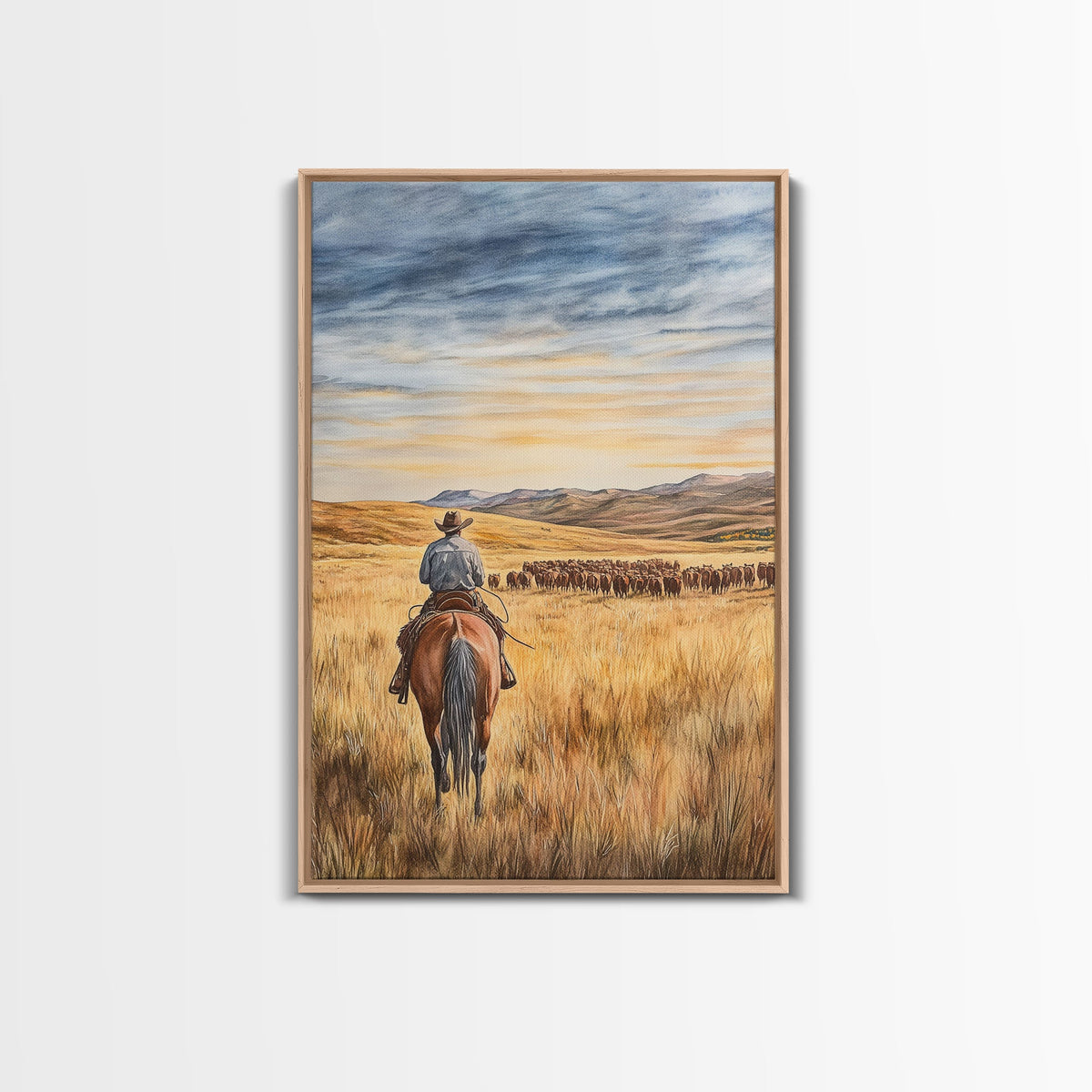 Cowboy leading cattle across golden prairie, Framed Canvas Print, western landscape wall art for rustic farmhouse decor, gift idea holiday