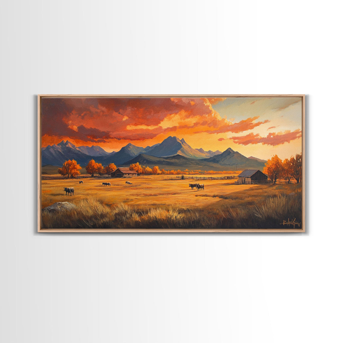 Fall Sunset Framed Canvas Print Scenic Ranch Landscape Art Autumn Wall Decor Ideal Holiday Home Decor and Gift for Farmhouse Style — product image
