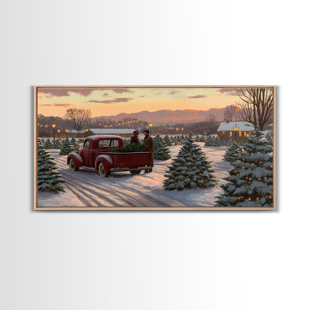 Christmas Tree Farm Framed Canvas Print, Red Truck Winter Scene, Farmhouse Christmas Decor, Christmas Vacation Decor, Holiday Art Gift