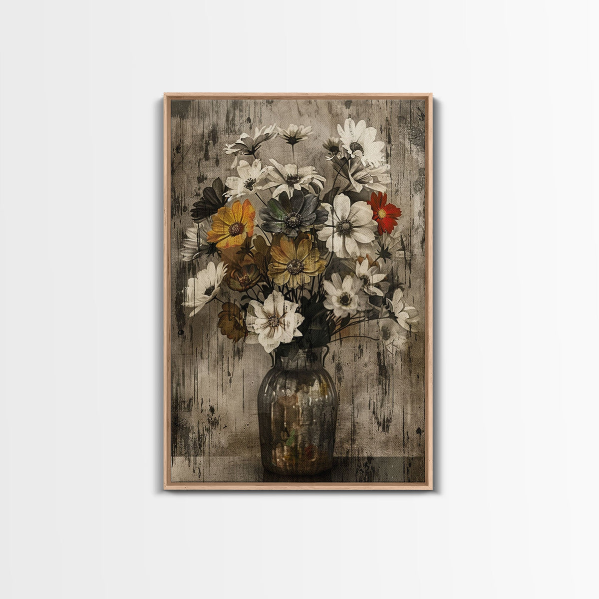 Rustic metal vase with wildflowers on a distressed background Framed Canvas Print - vintage floral art, farmhouse decor, rustic wall art — product image