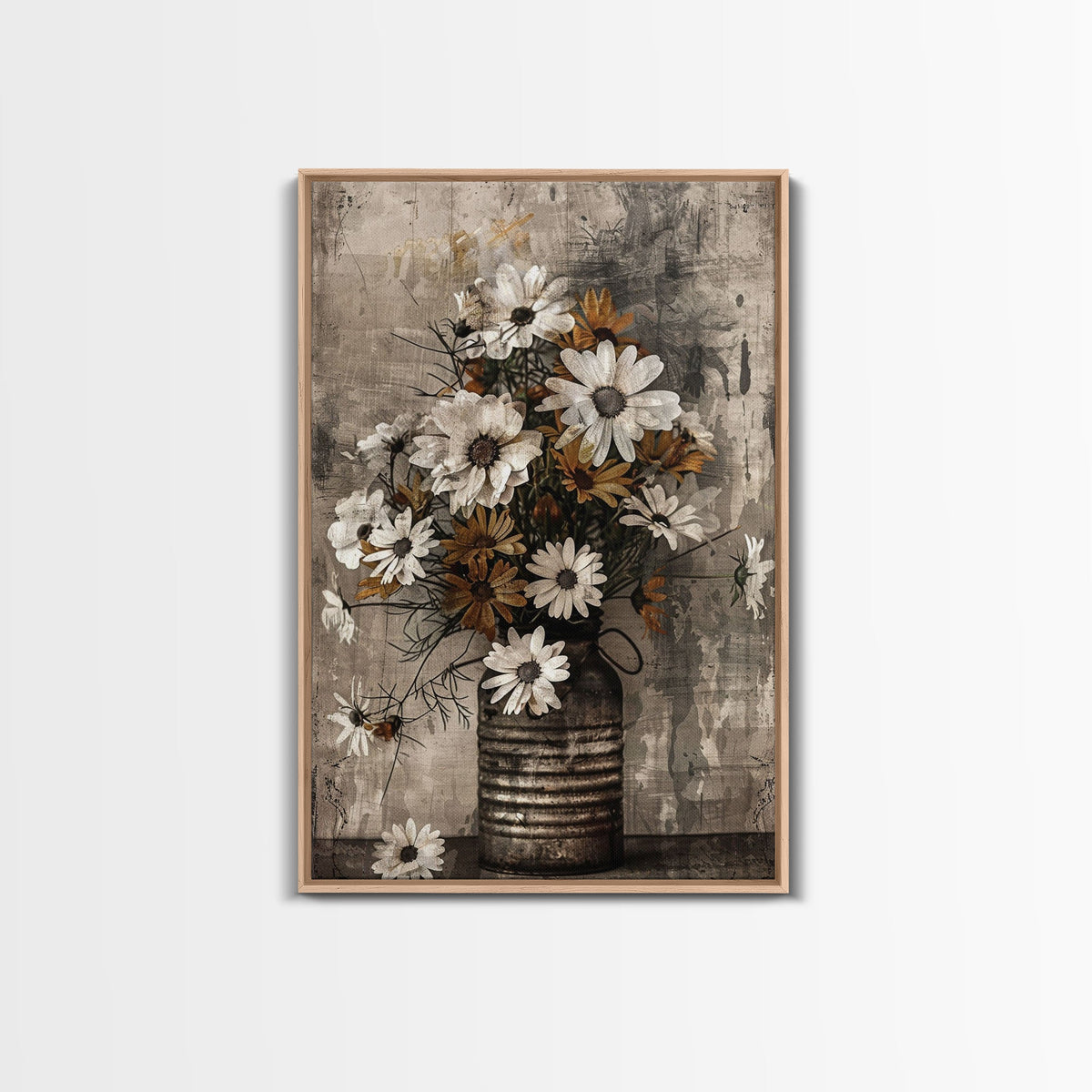 Rustic metal vase with daisies against a distressed background Framed Canvas Print - floral art, farmhouse decor, rustic wall art — product image