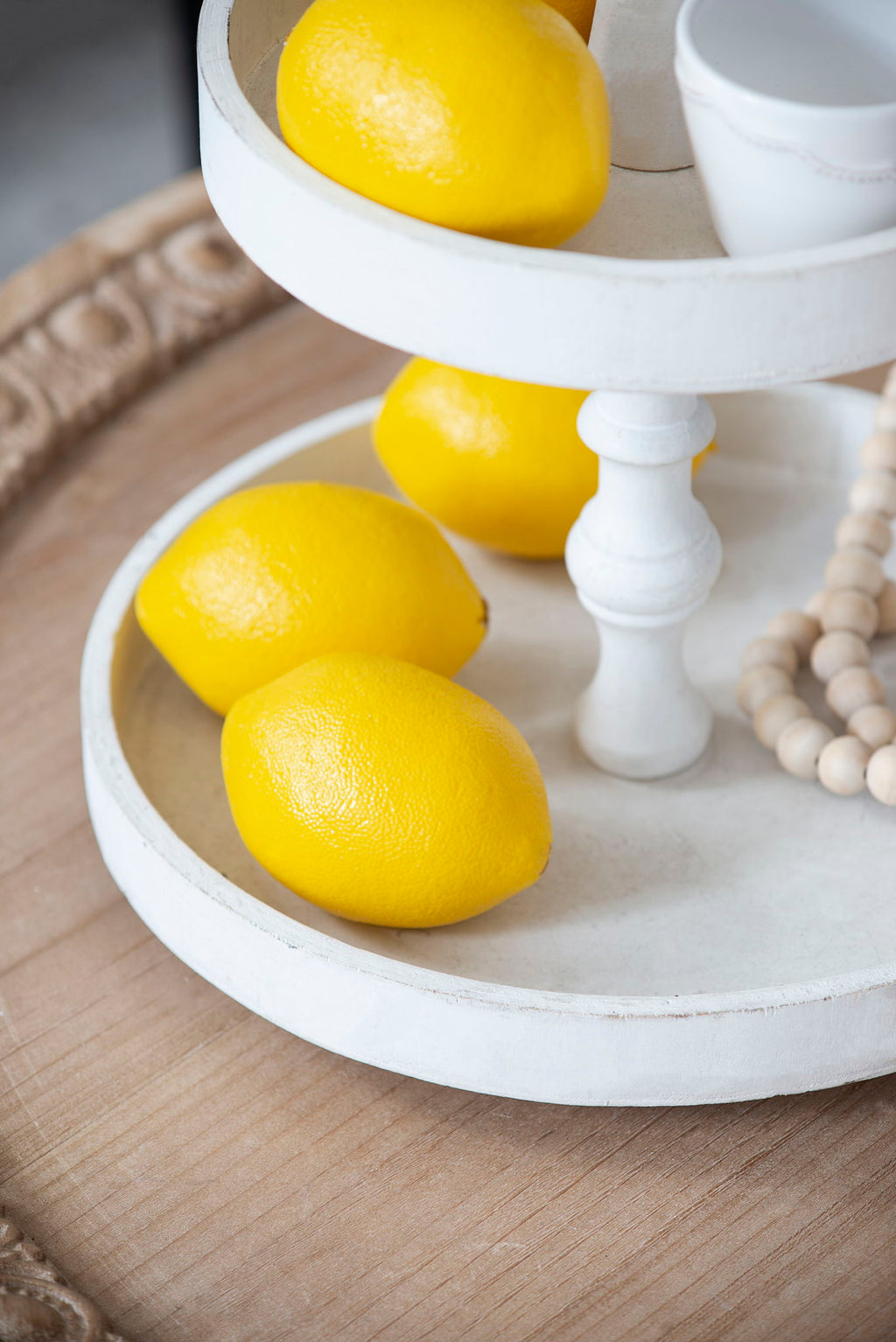 Two Tiered Round Wooden Tray with Farmhouse Style - White