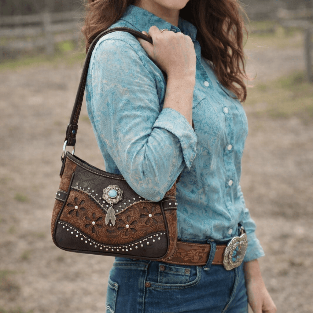 Western Handbag Wallet Set, Tooled Leather Shoulder Purse with Studs — product image