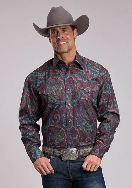 Stetson 3202 Lodge Paisley (Wine) - Men's Western Shirt — product image