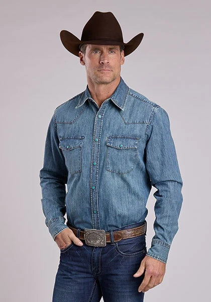 Stetson Denim with Turquoise Snaps (Blue) - Men's Western Shirt — product image