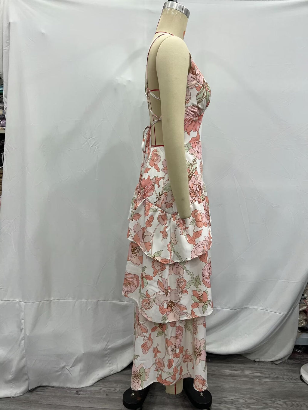 Women's Floral Asymmetrical Tiered Midi Dress