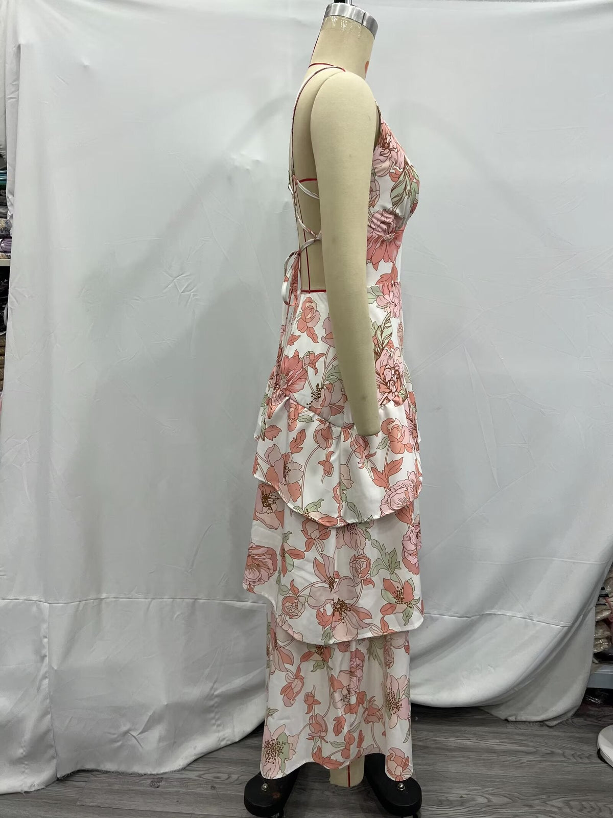 Women's Floral Asymmetrical Tiered Midi Dress