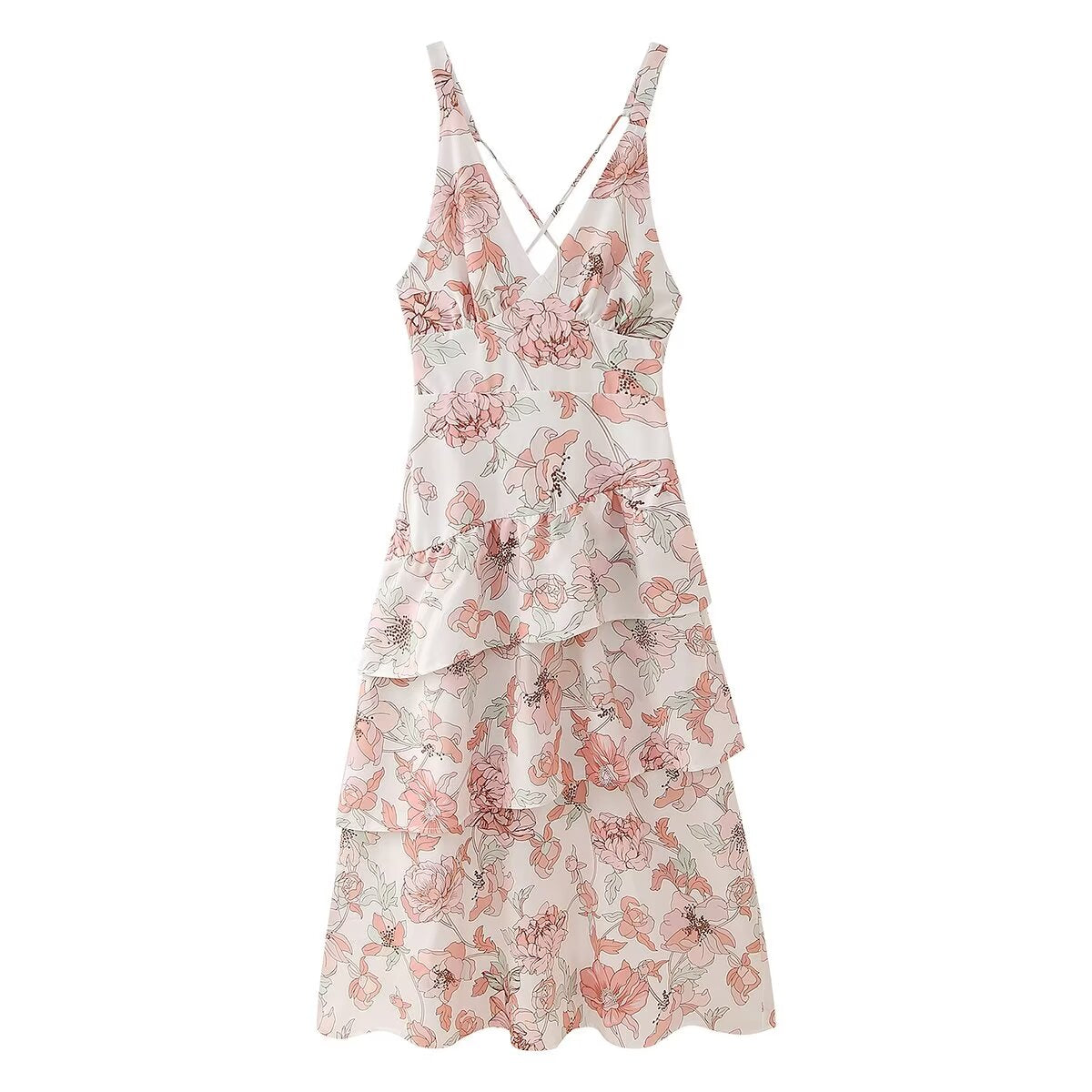 Women's Floral Asymmetrical Tiered Midi Dress