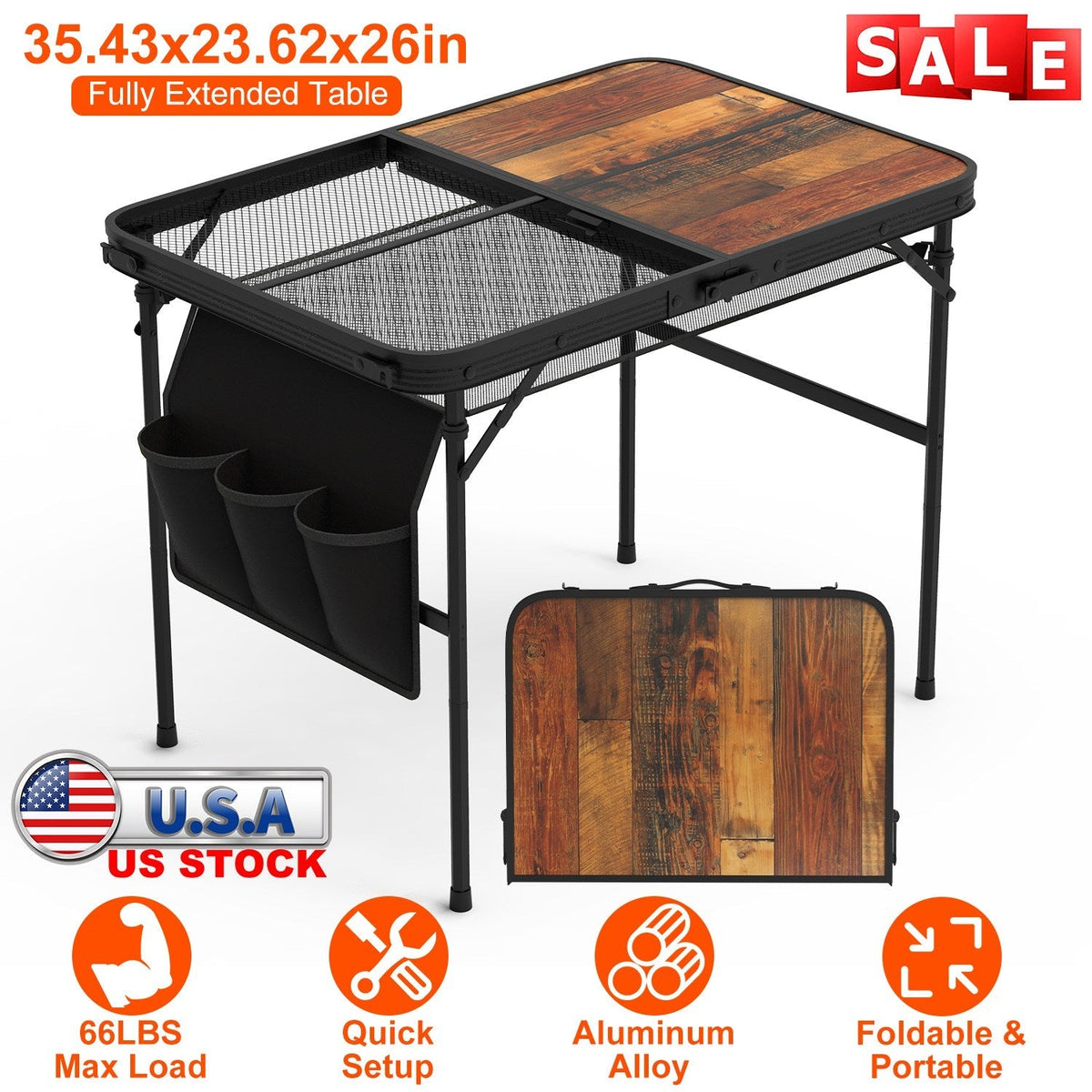 35.43x23.62x26in Foldable Camping Table Collapsible Picnic Aluminum Alloy Grill Stand 66LBS Max Load Height Adjustable BBQ Table with Adjustable Heigh