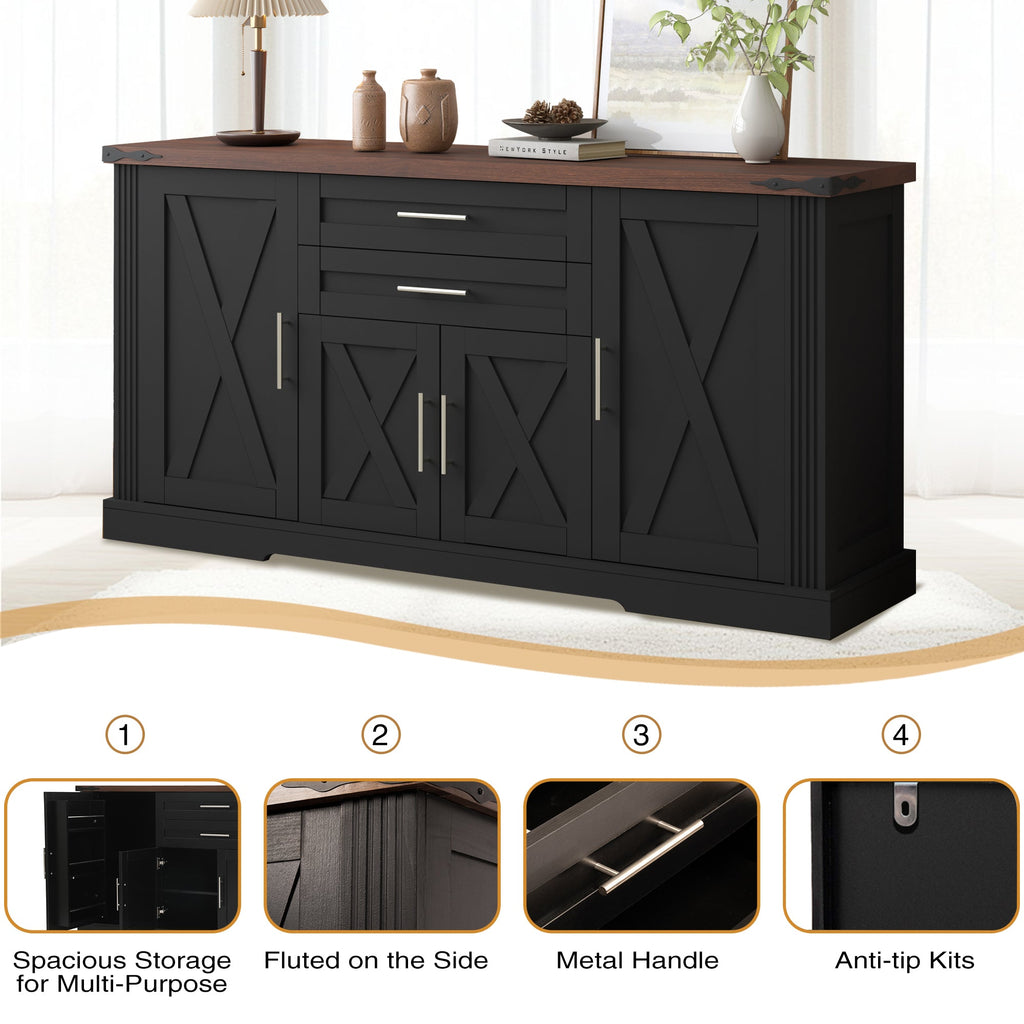 63" Farmhouse Barn Door Storage Cabinet with Drawers - Rustic MDF Sideboard