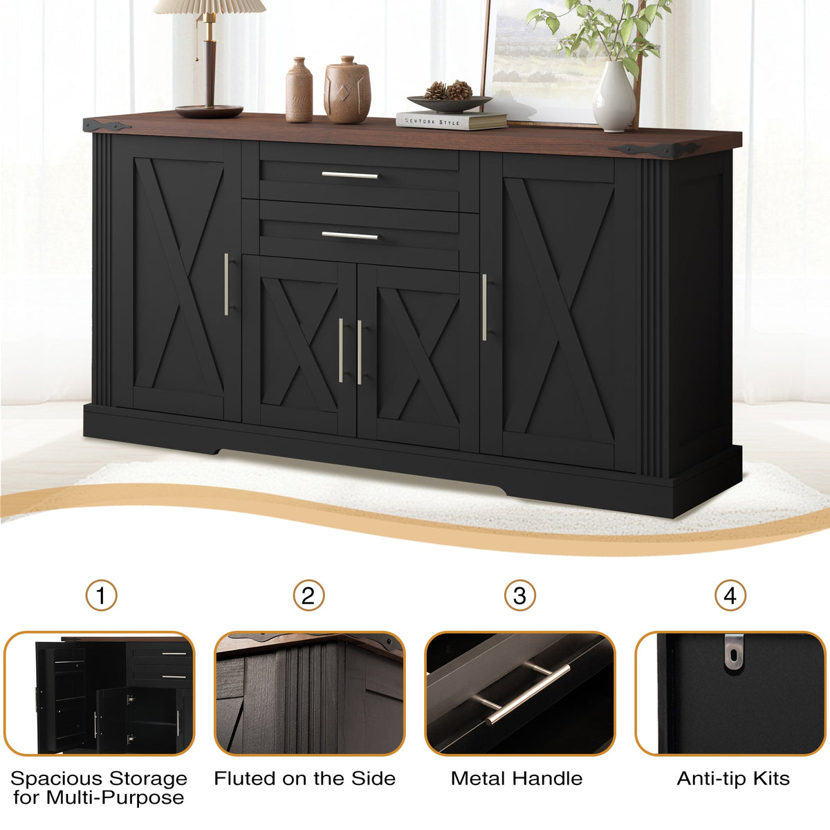 63" Farmhouse Barn Door Storage Cabinet with Drawers - Rustic MDF Sideboard