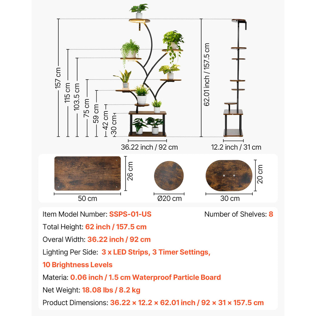 62 in Tall Indoor Plant Stand with Adjustable Grow Lights – 8-Tier Display Shelf