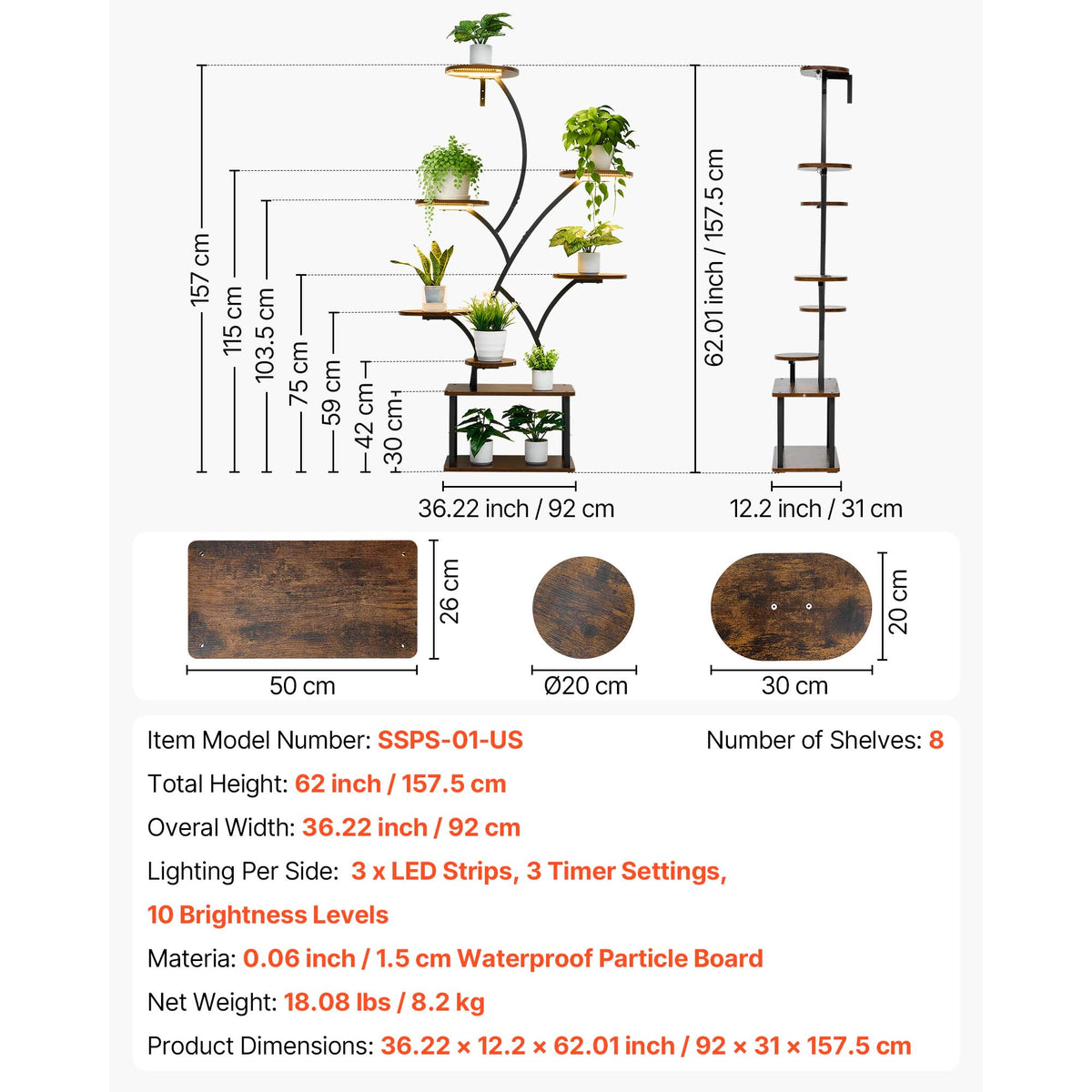 62 in Tall Indoor Plant Stand with Adjustable Grow Lights – 8-Tier Display Shelf