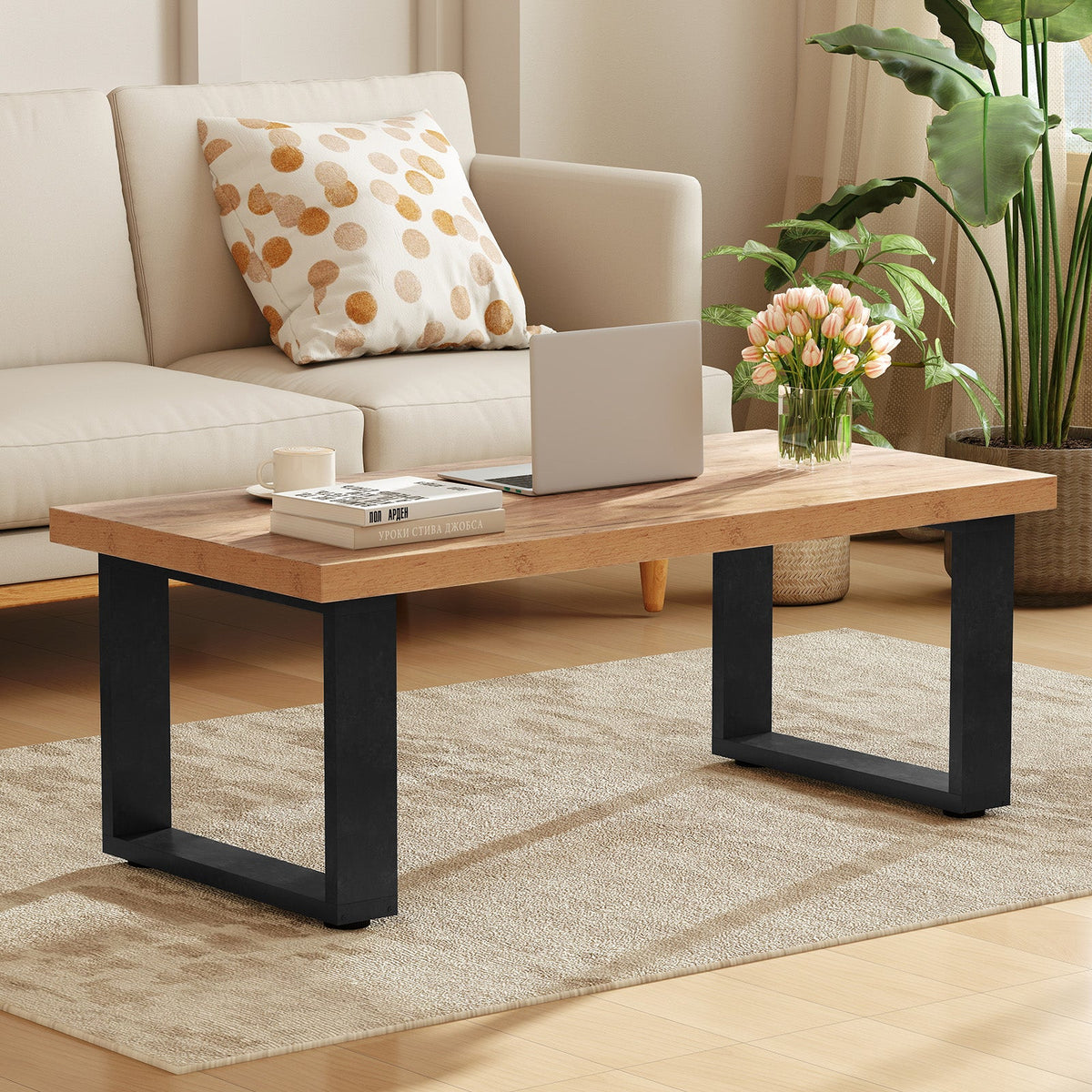 47 inch Farmhouse Style Rustic Coffee Table with Thickened Tabletop and Natural Wood Texture-Oak