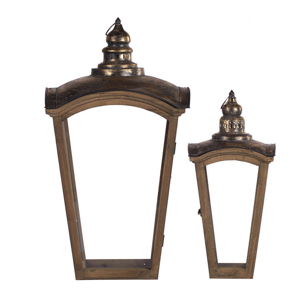 Coach House Lanterns Set of 2 with Fir Wood & Iron Construction - Brown