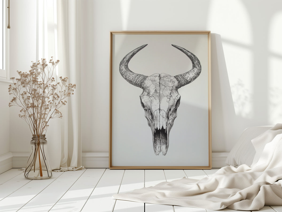 Western Bull Skull Line Art Print – Rustic Cowboy Wall Decor