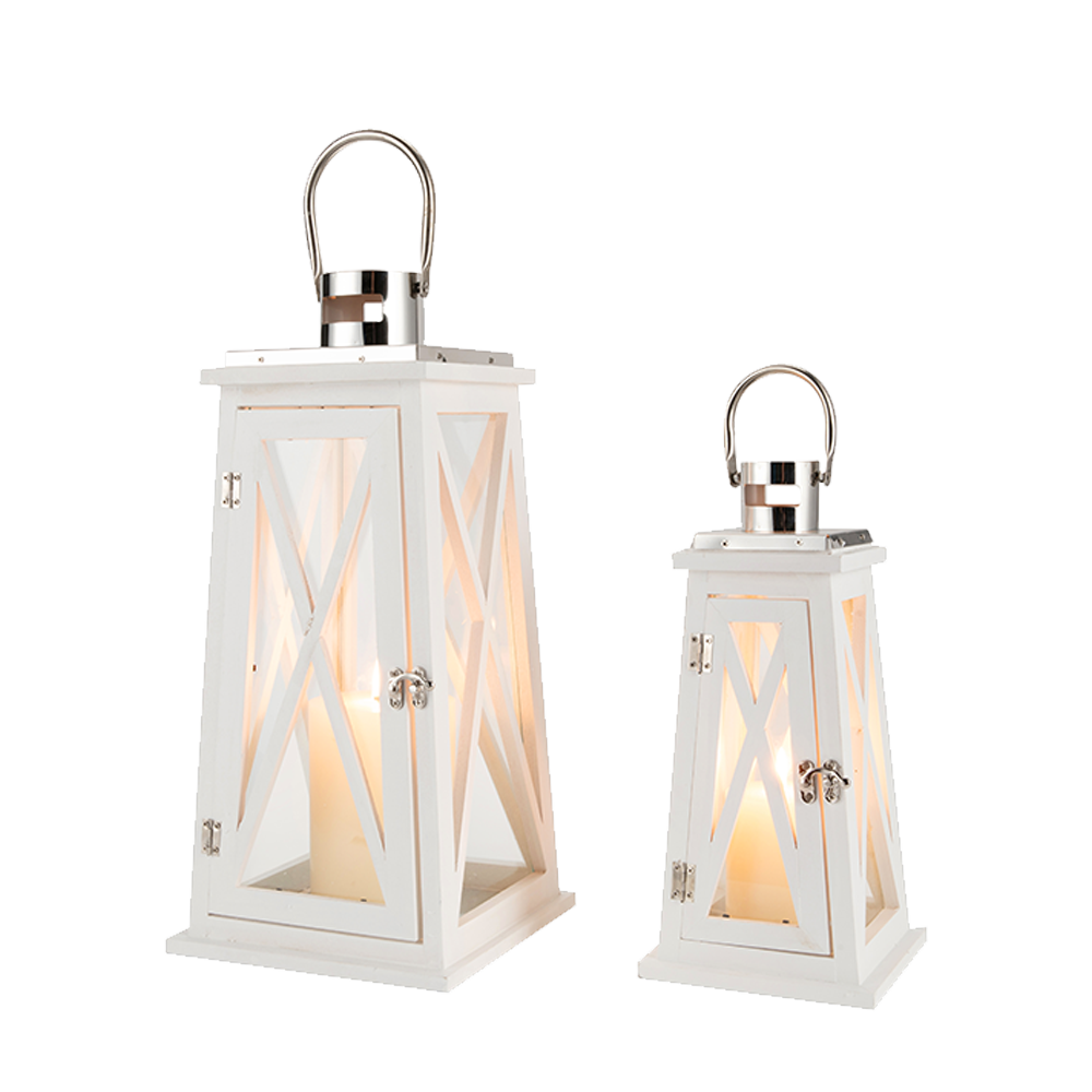 Set of two rustic metal hanging lantern candle holders, 15.5 and 22 inches tall