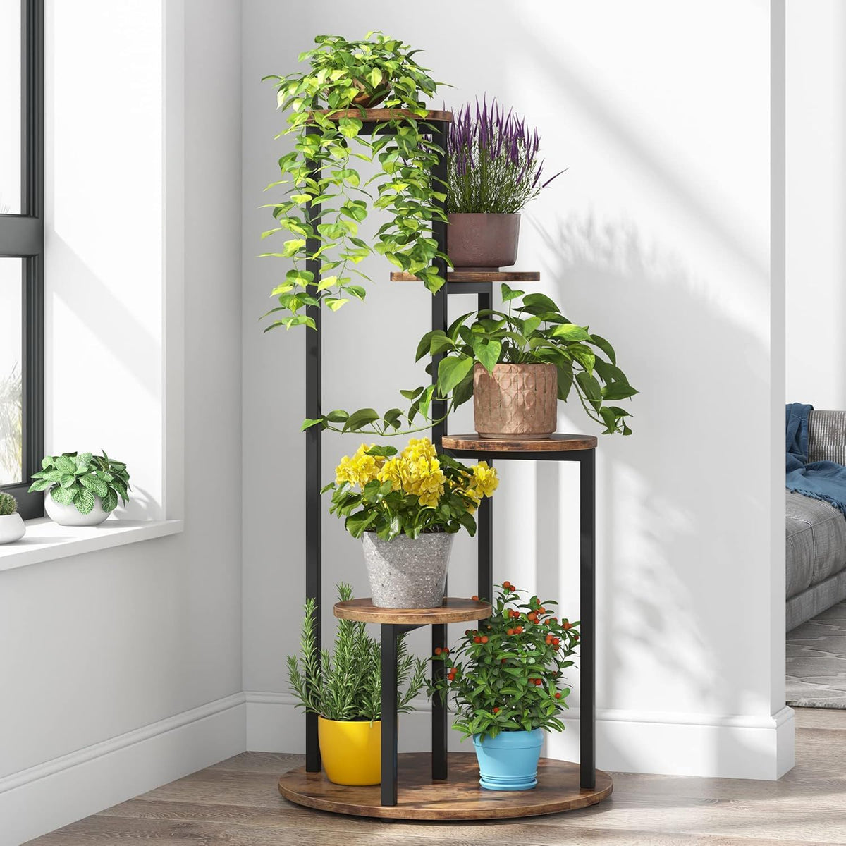 4 Tier Corner Plant Stand with Metal Frame - Rustic Brown