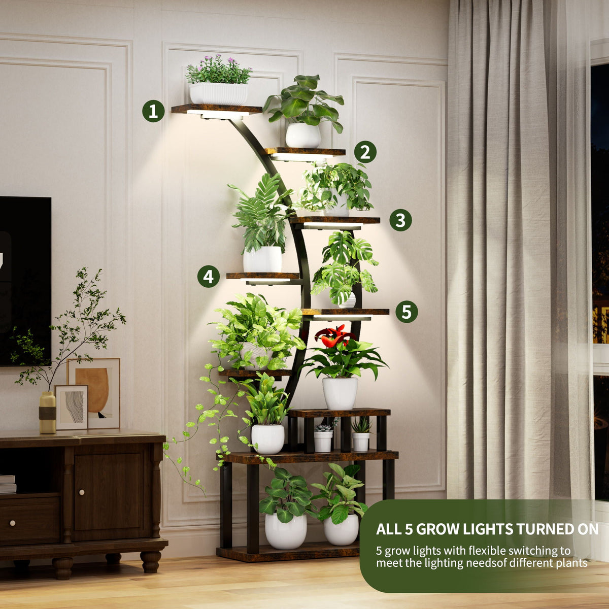 9 Tiered Indoor Plant Stand with 5 Adjustable Grow Lights - Light Brown