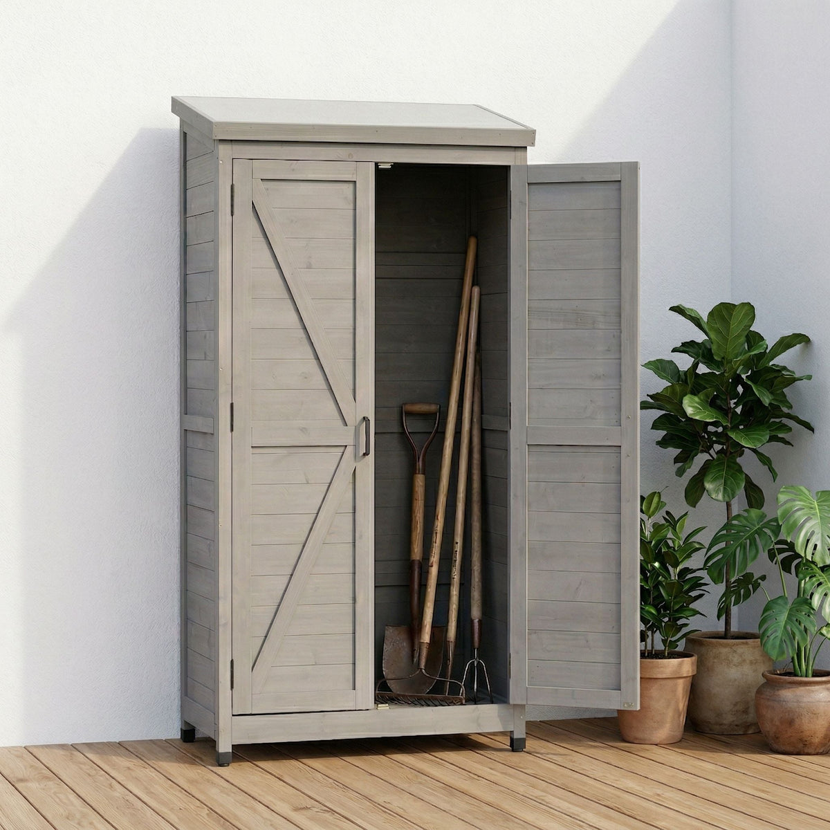 Outdoor Storage Shed with Vertical Tool Cabinet - Solid Wood, Dark Gray or Light Brown