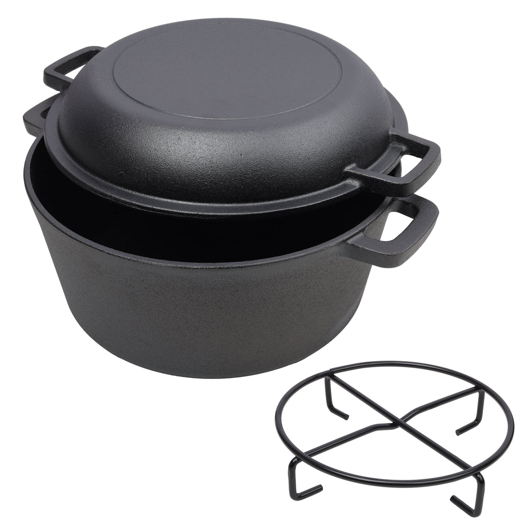 2 in 1 Pre-Seasoned Cast Iron Dutch Oven With Dual Handles, Outdoor Camping Deep Pot for Camping Fireplace Cooking BBQ Baking Campfire, 5 Quart.W — product image