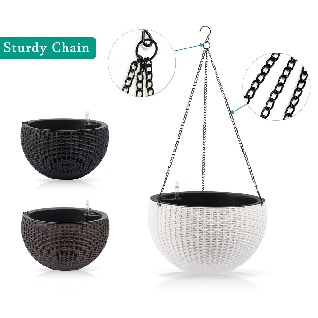 Self Watering Hanging Planter with Water Level Indicator - White, Black, or Dark Brown