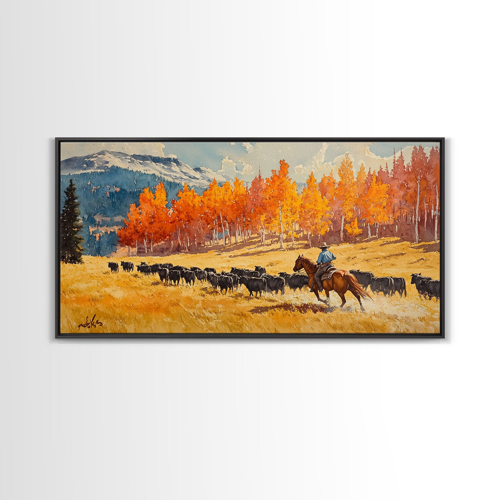 Cowboy Herding Cattle Under Mountains Framed Canvas Print Tall Art Autumn Country Landscape Fall Decor Western Wall Art Farmhouse Gift Idea