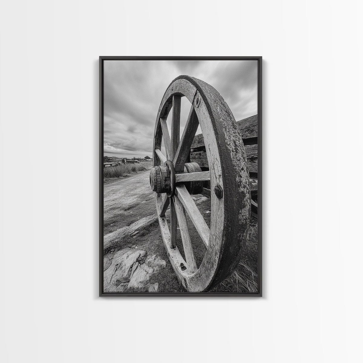 Rustic Wagon Wheel, Country Road, Western Wall Decor, Framed Canvas Print, Farmhouse Style, Living Room Art, Vintage Photography