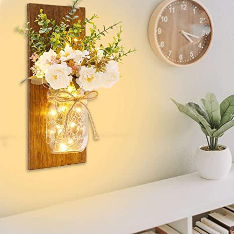 2 Pack Rustic  Jar Fairy Strip Lights Wall Decor Hydrangea Sconces Decorative Home Chic Hanging LED FlowersHanging Design with Remote Control LED Fairy Lights and White Peony, Farmhouse Kitchen Decorations Wall Home Decor Living Room Lights Set of Two