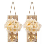 2 Pack Rustic  Jar Fairy Strip Lights Wall Decor Hydrangea Sconces Decorative Home Chic Hanging LED FlowersHanging Design with Remote Control LED Fairy Lights and White Peony, Farmhouse Kitchen Decorations Wall Home Decor Living Room Lights Set of Two