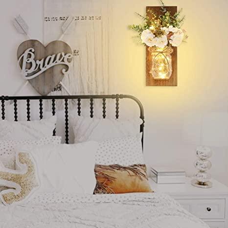 2 Pack Rustic  Jar Fairy Strip Lights Wall Decor Hydrangea Sconces Decorative Home Chic Hanging LED FlowersHanging Design with Remote Control LED Fairy Lights and White Peony, Farmhouse Kitchen Decorations Wall Home Decor Living Room Lights Set of Two