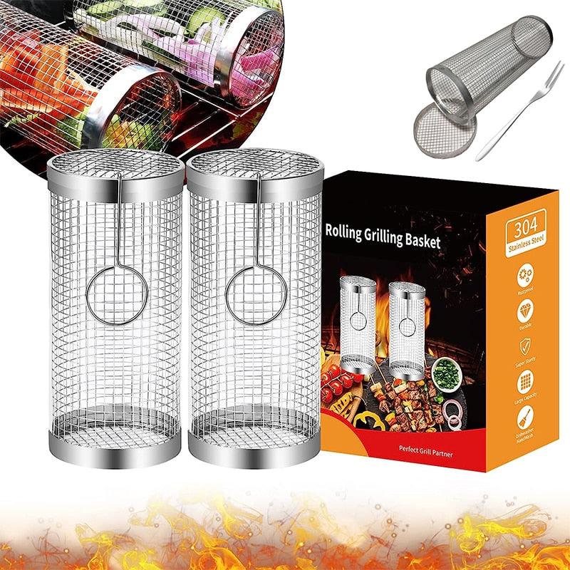 20cm/30cm BBQ Basket Stainless Cylindrical Rolling Grilling Baskets Portable Barbecue Rack For Grill For Fish Shrimp Meat Fries BBQ Grill Basket  — product image