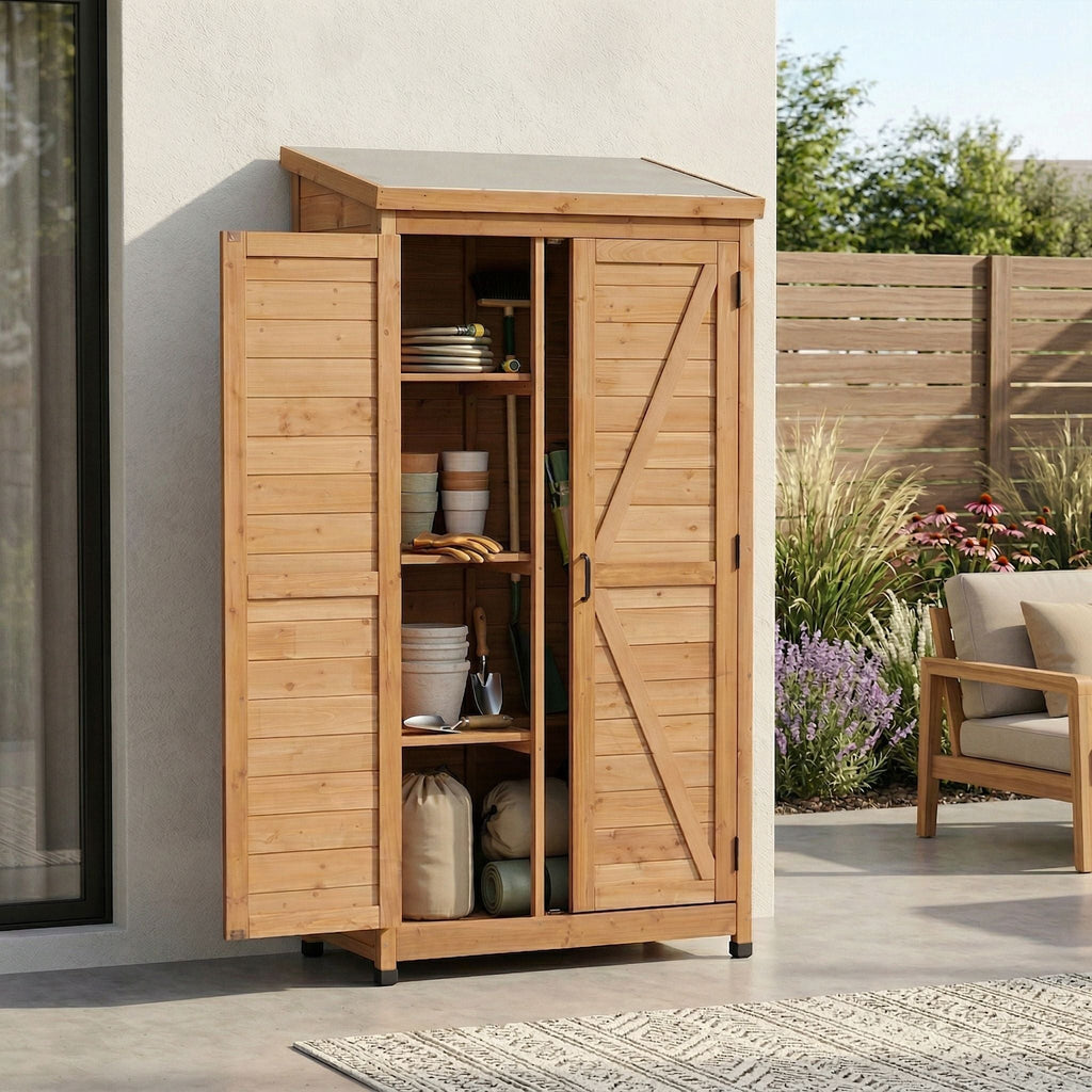 Outdoor Storage Shed with Vertical Tool Cabinet - Solid Wood, Dark Gray or Light Brown