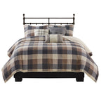 Printed Herringbone Quilt Set 6 Piece with Throw Pillows - Gray Plaid