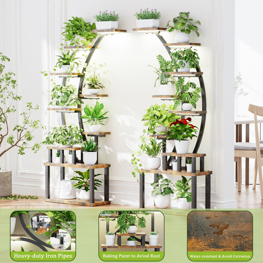 9 Tiered Indoor Plant Stand with 5 Adjustable Grow Lights - Light Brown