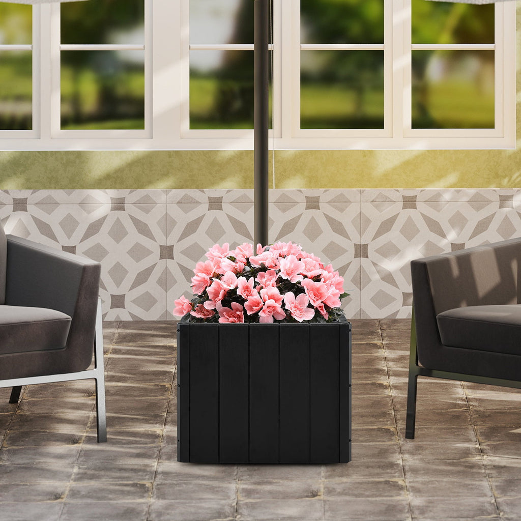 2-in-1 Outdoor Umbrella Base Planter Patio Umbrella Stand with Flower Box-Black