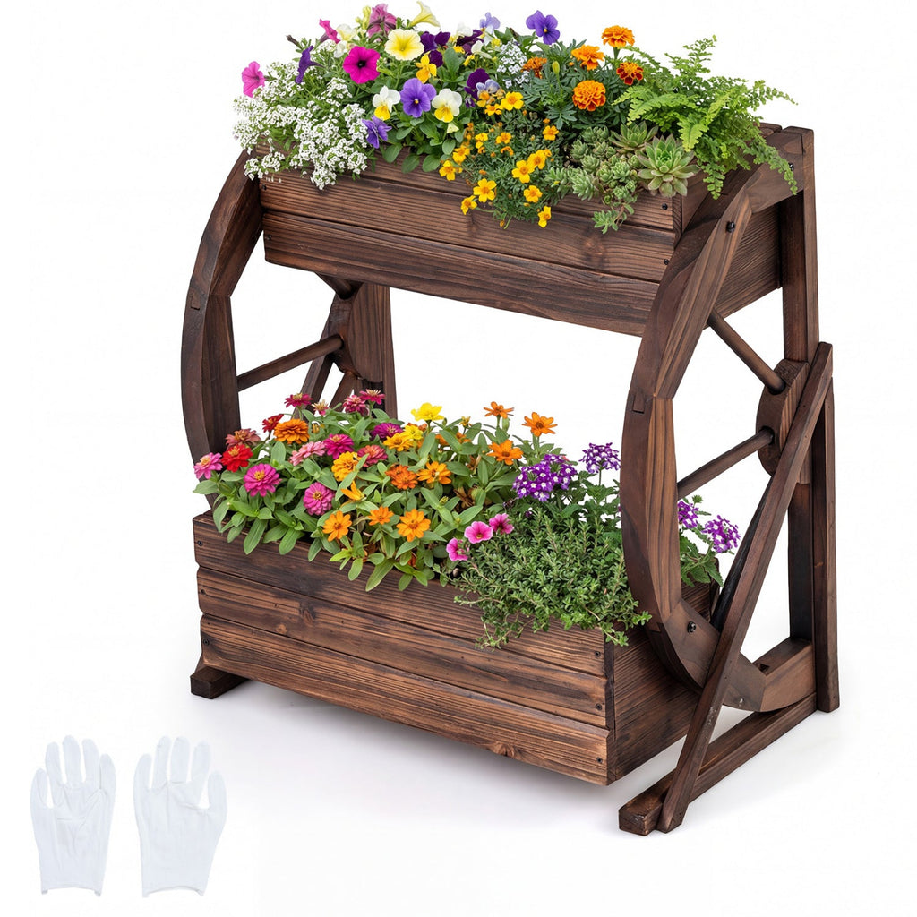 2-tier Raised Garden Bed Rustic Wood Wagon Planter with Drainage Holes and Semi-wheels-Coffee — product image