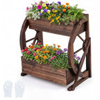2-tier Raised Garden Bed Rustic Wood Wagon Planter with Drainage Holes and Semi-wheels-Coffee — product image