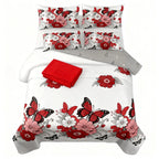 4-Piece Red Butterfly Floral Bedding Set - Microfiber Duvet Cover + Pillow Shams + Fitted Bed Sheet