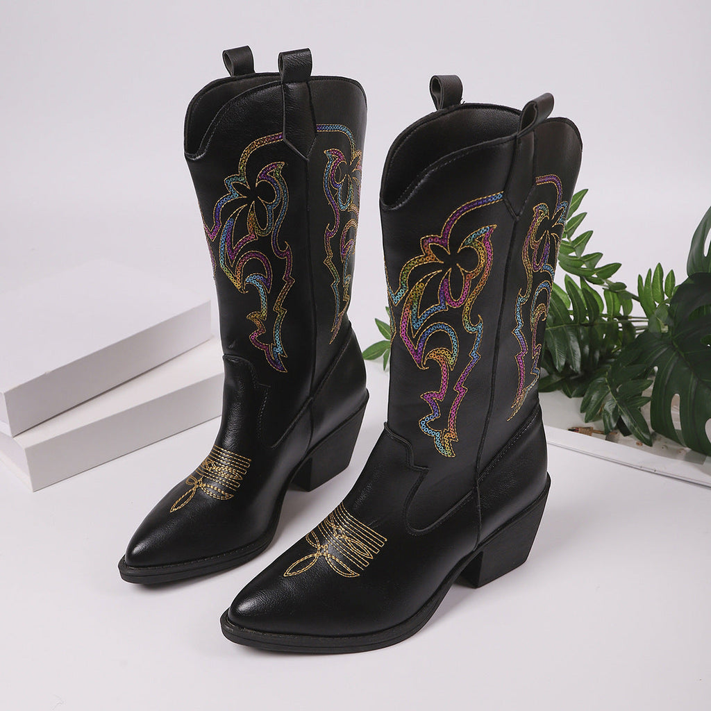 Women's Embroidered Mid-Calf Cowboy Boots – Pointed Toe